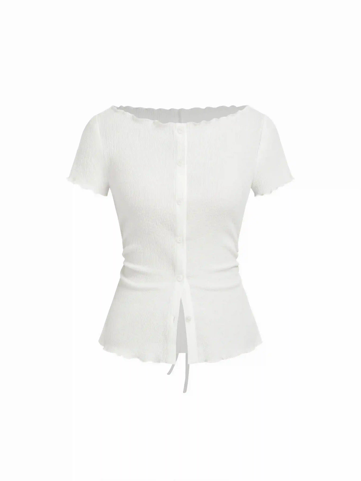 Textured Boat Neck Button Up Lettuce Trim Short Sleeve Top