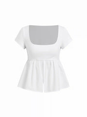 Cotton-blend Square Neck Short Sleeve Split Peplum Blouse