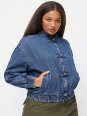Denim Mandarin Collar Elastic Waist Oversized Jacket Curve & Plus