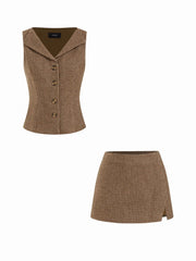 Jacquard Houndstooth Button Vest & Low Rise Zipper Mini Skirt Set