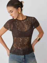 Lace Sheer Lettuce Trim Short Sleeve Tee