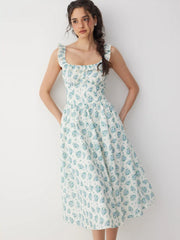 Floral Square Neck Ruffled Tie Back A-line Maxi Dress