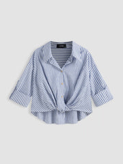 Cotton-blend Collar Striped Knotted Roll-up Long Sleeve Shirt Curve & Plus