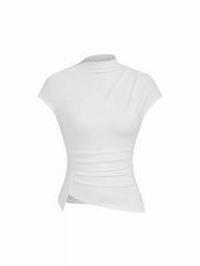 Cotton-blend Stand Collar Ruched Asymmetrical Hem Short Sleeve Top