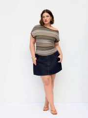 Striped Asymmetrical Neck Short Sleeve Top Curve & Plus