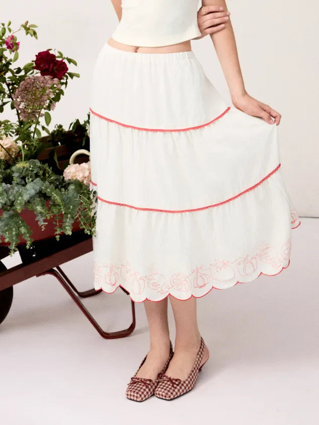 Linen-blend Fruit Embroidery Tiered Scalloped Midi Skirt
