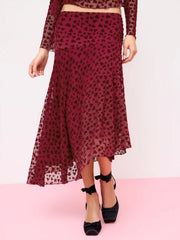 Mesh Flocking Heart Asymmetrical A-line Maxi Skirt