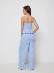 Gingham V-Neck Ruched Peplum Top & Mid Rise Wide Leg Trousers Set