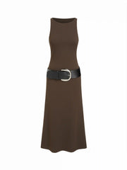 Round Neck Belted A-line Maxi Dress With Belt