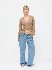 Knitted V-neck Solid Knotted Wrap Cardigan
