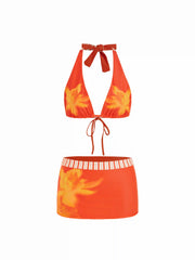 Halter Neckline Reversible Floral Three Piece Bikini Set with Skirt