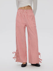 Cotton-blend High Rise Striped Wide Leg Trousers With Bowknot Cuffs