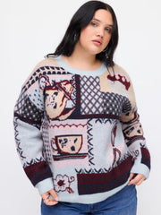 Knit Floral Spoon & Cup Pattern Colorblock Top Curve & Plus