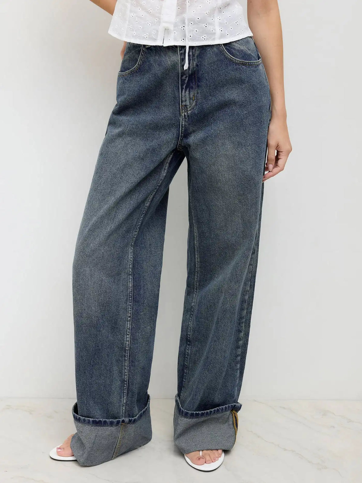 Middle Waist Solid Button Wide Leg Jeans