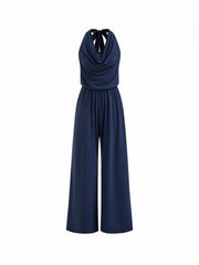 Halter Neckline Ruched Knotted Patched Lace Straight Leg Jumpsuit