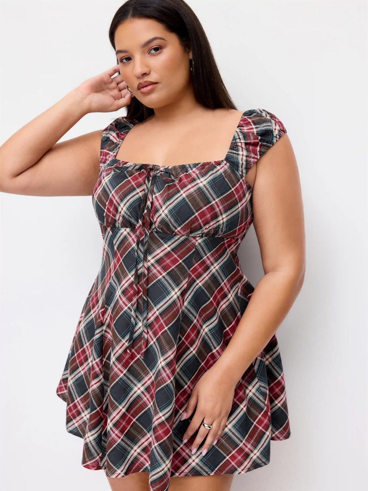 Cotton Plaid Square Neck Puff Sleeve Mini Dress Curve & Plus