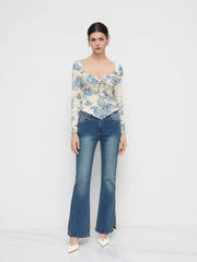 V-neck Toile de Jouy Knotted Long Sleeve Crop Top