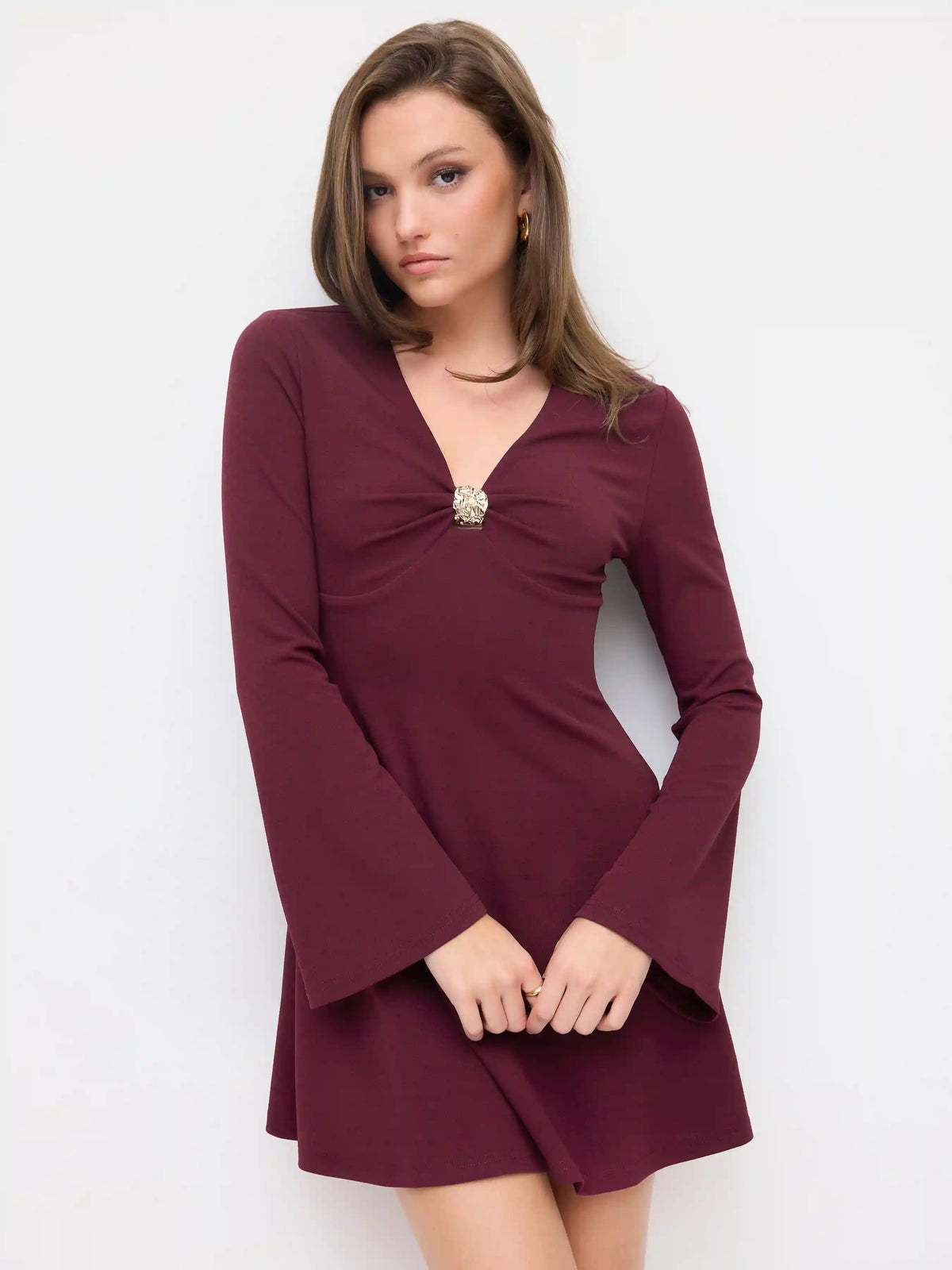 V-neck Bell Sleeve Metal Detail Mini Dress