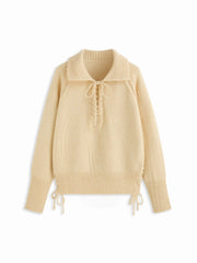 Knit Collar Long Sleeve Lace Up Drawstring Top