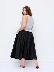 Cotton Mid Rise Draped Pleated Flared Midi Skirt Curve & Plus