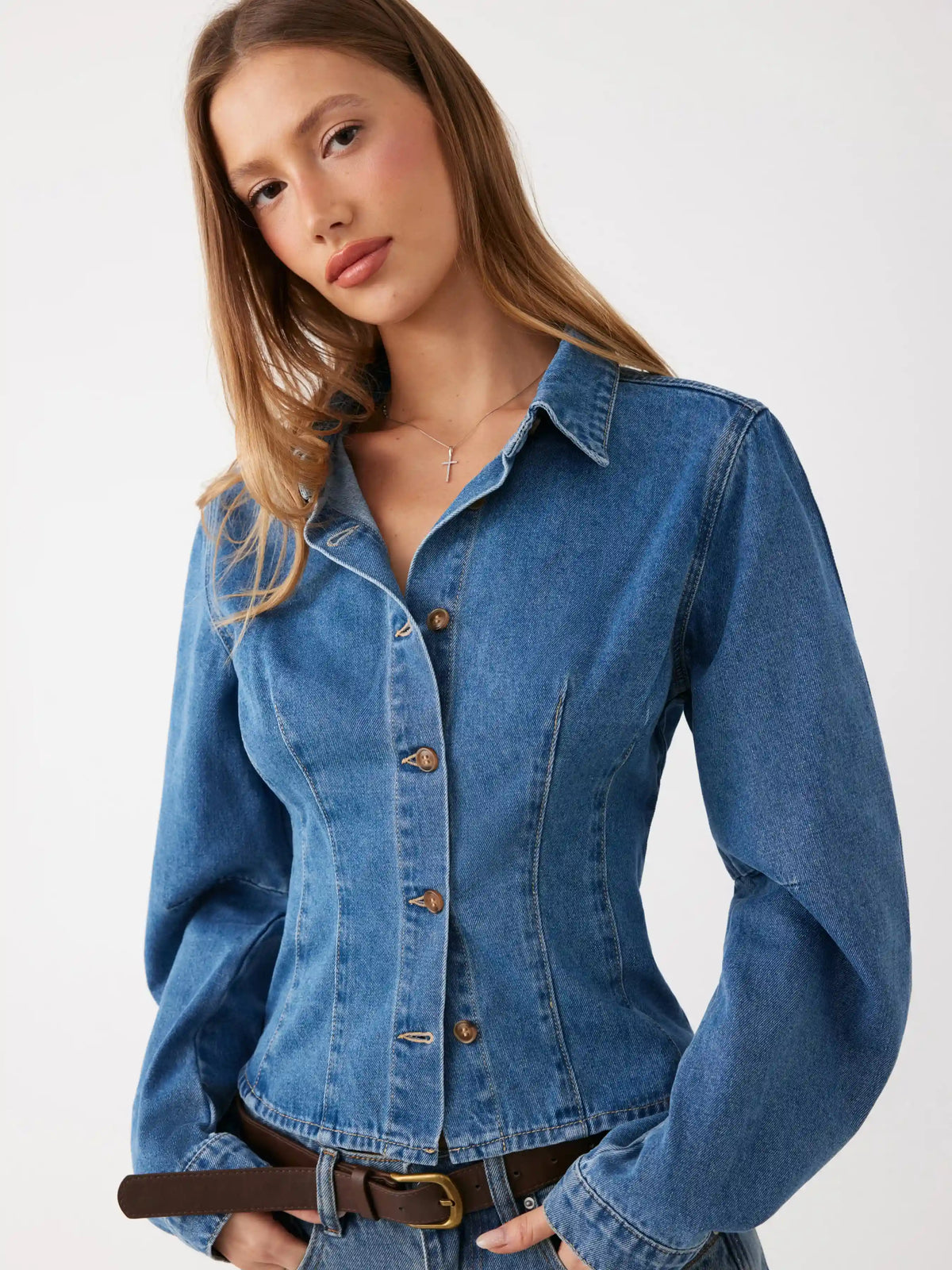 Washed Denim Cinched Waist Blouse