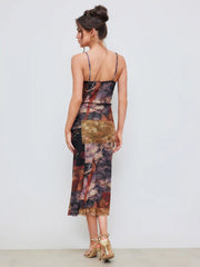 Mesh Cowl Neck Floral Ruched Cami Maxi Dress