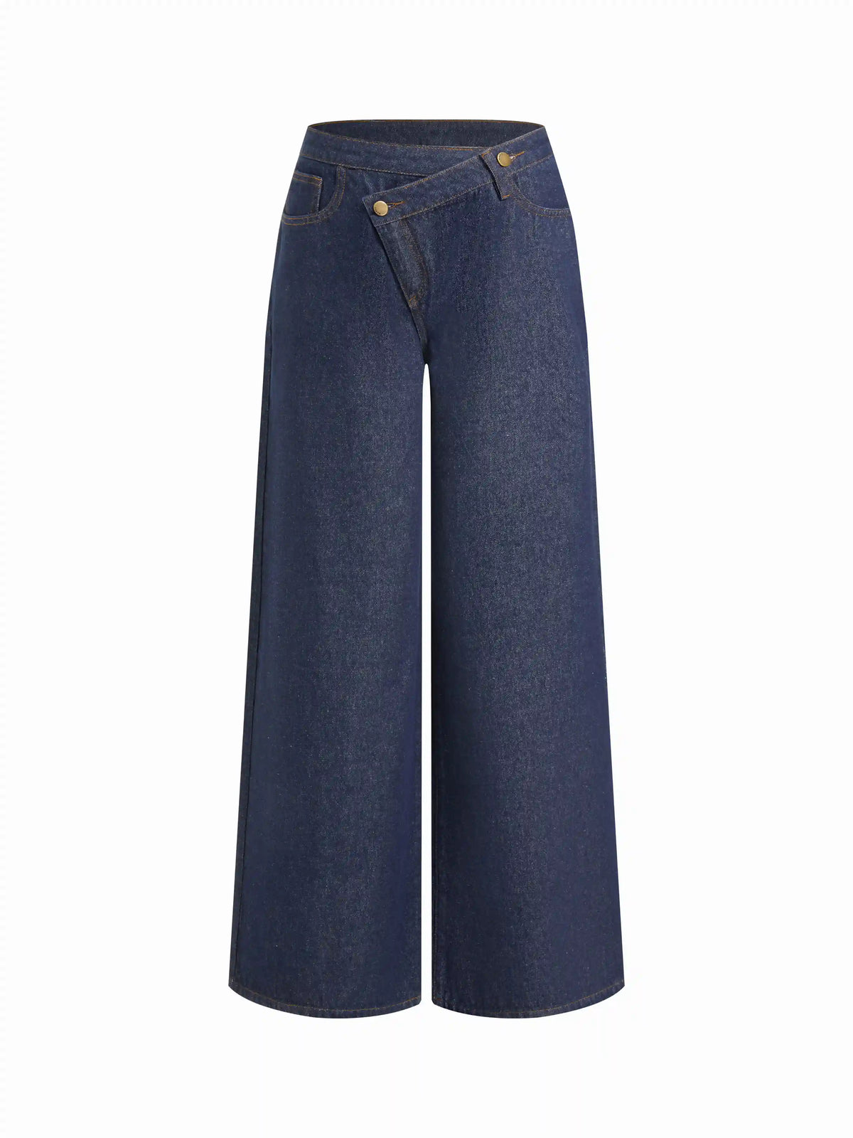 Denim Mid Rise Asymmetrical Mental Button Wide Leg Trousers