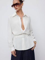 Linen-blend Longline Long Sleeve Shirt with Belt