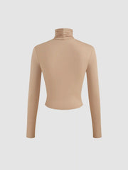 Second Skin Double Layered High Neck Solid Ruched Long Sleeve Crop Tee