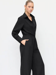 Collar Ruched Wide Leg Shirt Jumpsuit