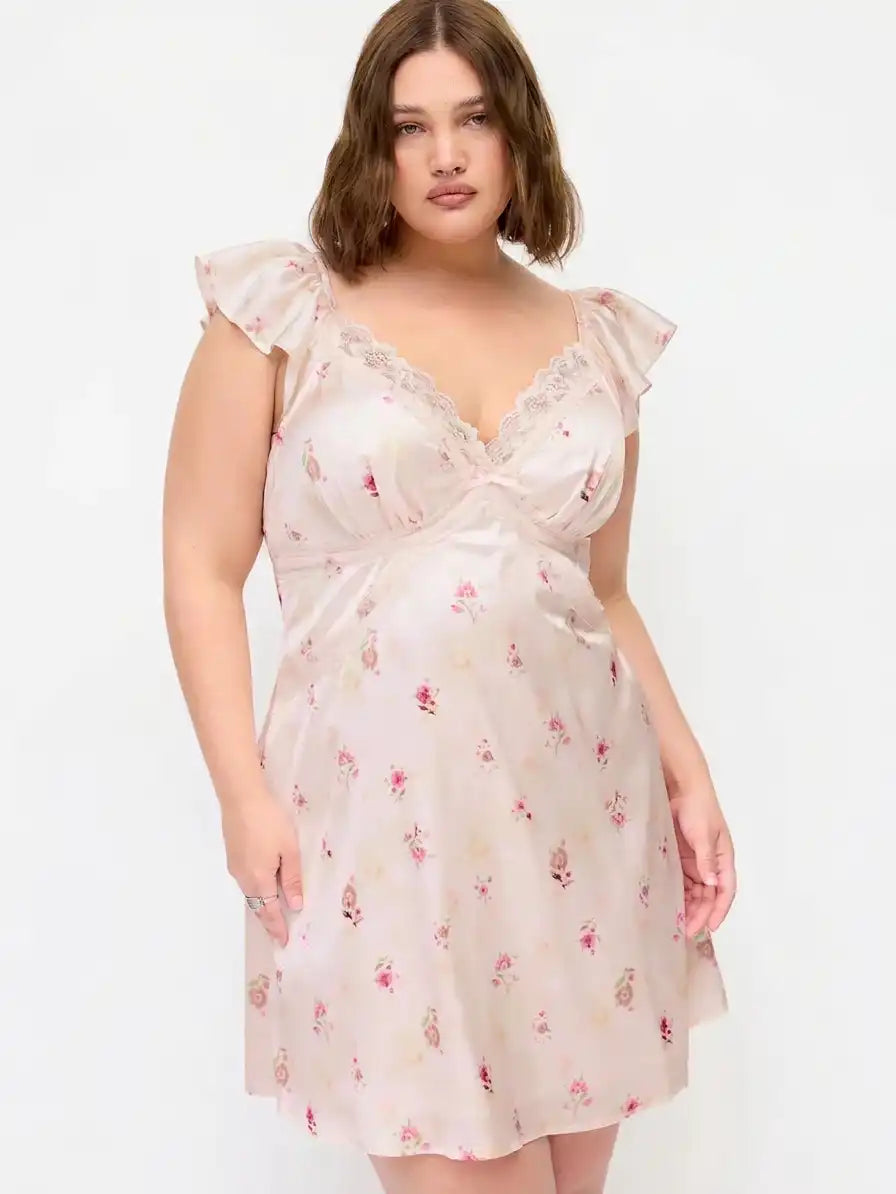 Satin Floral V-neck Ruffle Sleeve Lace A-line Mini Dress Curve & Plus
