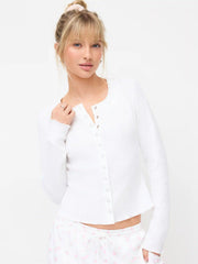 Cotton-blend Waffle Scoop Neck Metal Button Top