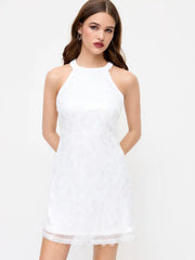 Sequin Halter Neckline Bowknot Criss Cross Backless A-line Mini Dress