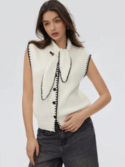 Knit High Neck Contrasting Binding Button Vest With Scarf