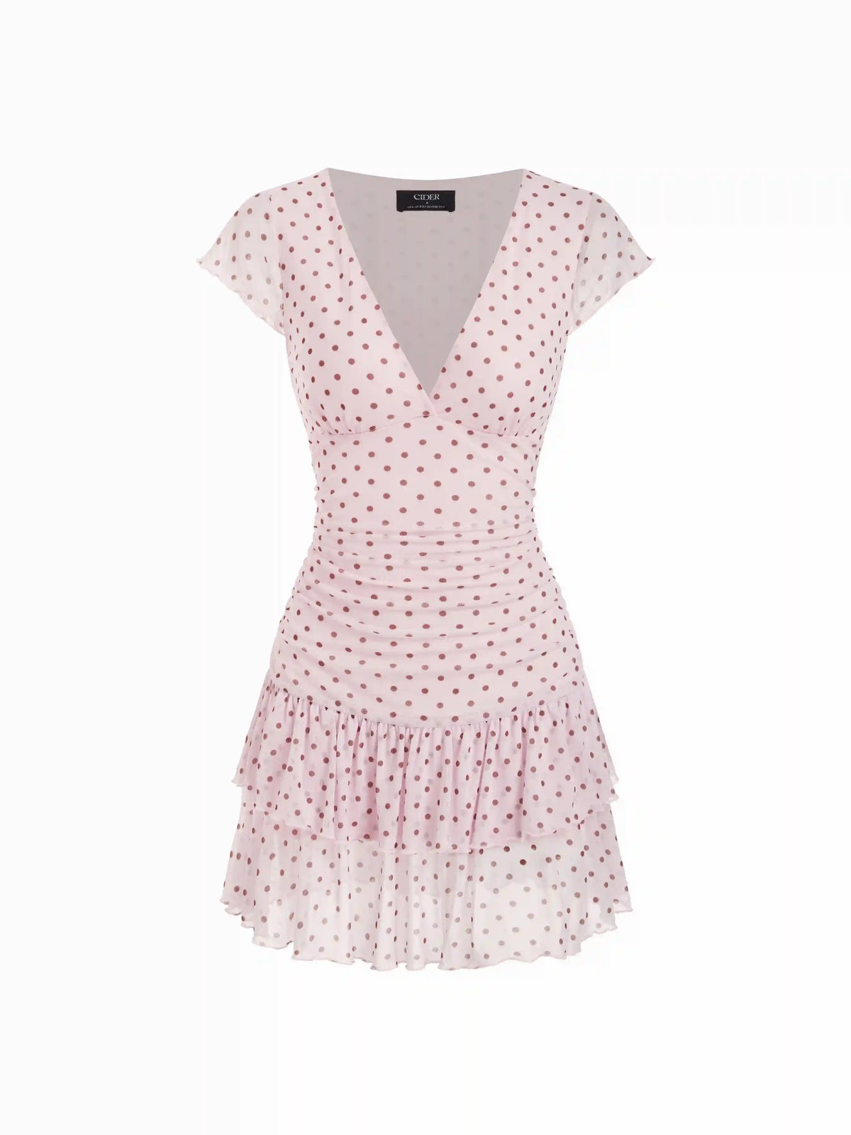 Mesh Polka Dot V-neck Ruched Tiered Short Sleeve Mini Dress