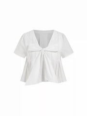 Cotton V-neck Bowknot Puff Sleeve Crop Blouse