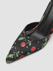 CHERRY PATTERN POINTED TOE SATIN HEELS