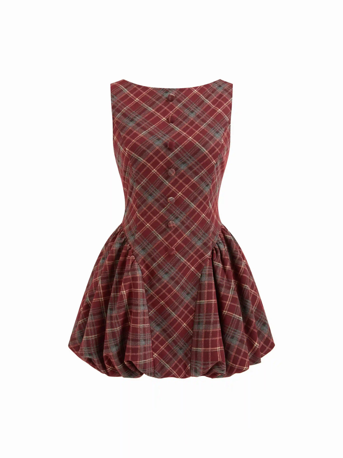 Wool-look Boat Neck Tartan Plaid Bubble Hem Mini Dress
