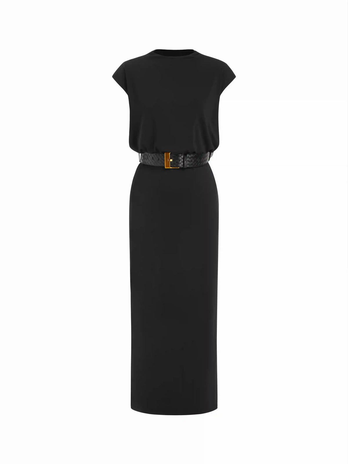 Round Neckline Split Straight Maxi Dress With Belt