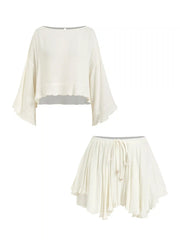 Boat Neck Ruffle Sleeve Top & Mid Rise Drawstring Shorts Set