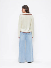 Knit Collar Contrasting Binding Long Sleeve Top