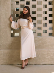 Satin Boat Neck Lantern Sleeve Mermaid Maxi Dress With Belt