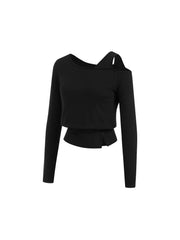 Asymmetrical Neck Long Sleeve Top With Button Detail