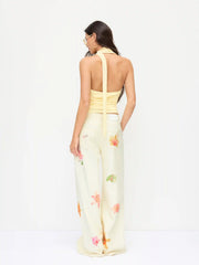 Washed Denim Low Rise Floral Graphic Wide Leg Trousers