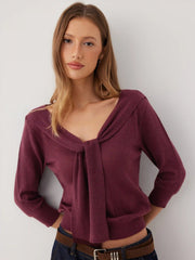 Knit V-neck Long Sleeve Top With Scarf