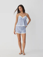 Cotton-blend Striped Sweetheart Lace Trim Cami Top & Mid Rise Shorts Loungewear Set