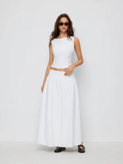 Linen-blend Button Detail Top & Mid Rise Shirred Flared Maxi Skirt Set