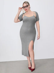 Knitted Solid Split Midi Dress & Short Sleeve Shrug Curve & Plus