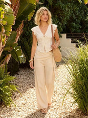 Linen-blend Striped Mid Rise Wide Leg Trousers With Wrap Waist Scarf