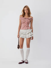 Jacquard Gingham Off-shoulder Asymmetrical Ruched Blouse